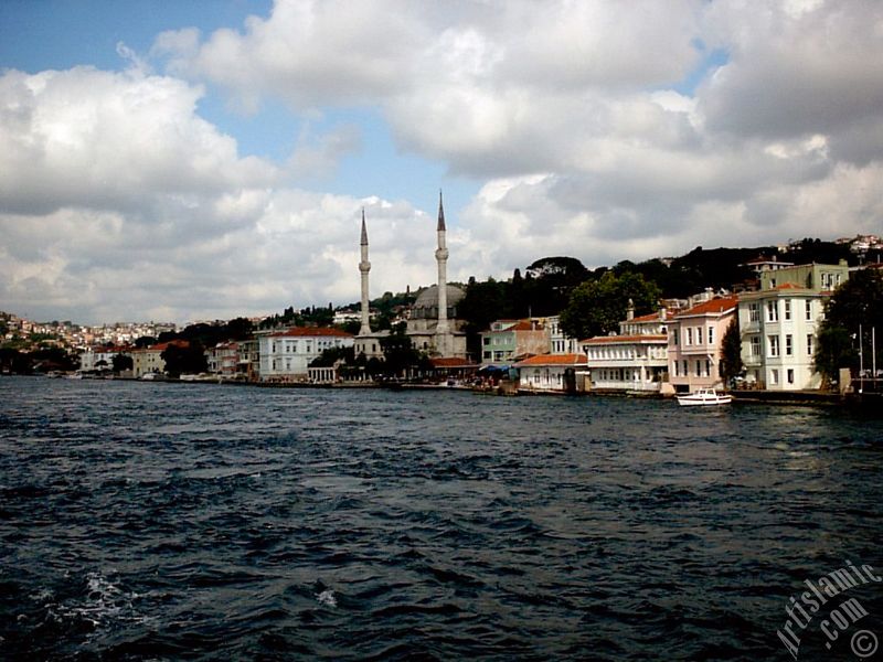 View of Beylerbeyi coast and a Beylerbeyi Mosque from the Bosphorus in Istanbul city of Turkey.
