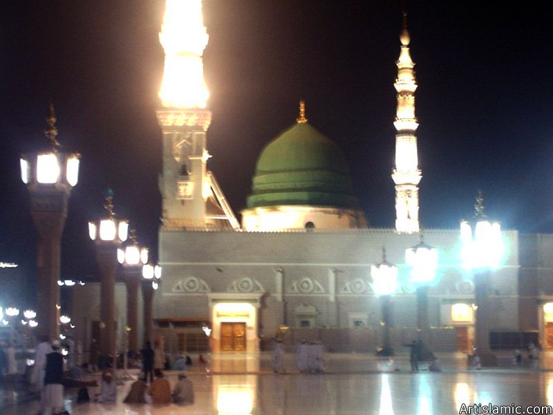 A nighttime view from the outside court of the Prophet Muhammad`s (saaw) Mosque (Masjed an-Nabawe) in Madina city of Saudi Arabia.
