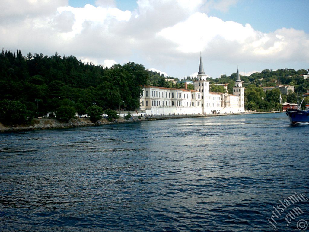 View of Kuleli coast and Kuleli Military School from the Bosphorus in Istanbul city of Turkey.
