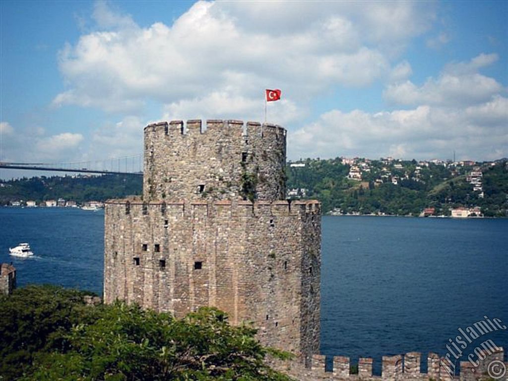 View of the Bosphorus and Fatih Sultan Mehmet Bridge from Rumeli Hisari which was ordered by Sultan Mehmet the Conqueror to be built before conquering Istanbul in 1452 in Turkey.
