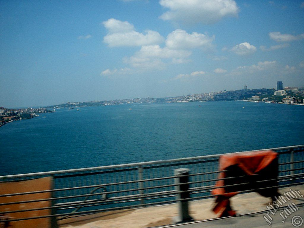 View of the Bosphorus in Istanbul from the Bosphorus Bridge over the sea of Marmara in Turkey.
