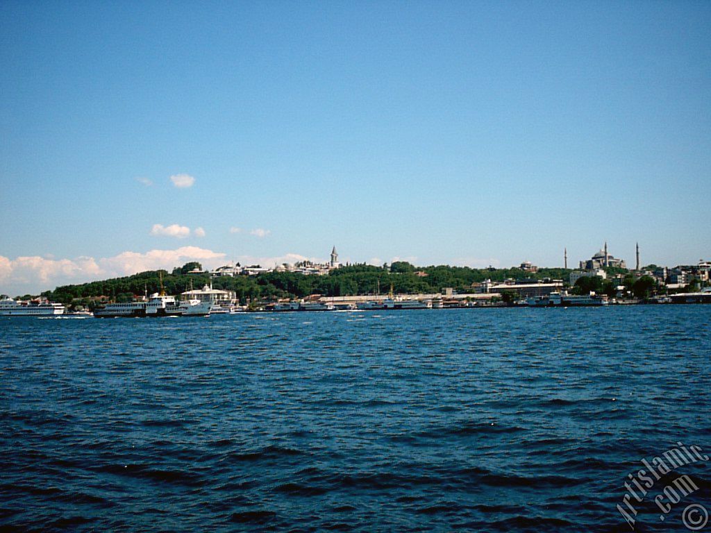 View of Eminonu coast, Ayasofya Mosque (Hagia Sophia) and Topkapi Palace from the shore of Karakoy in Istanbul city of Turkey.
