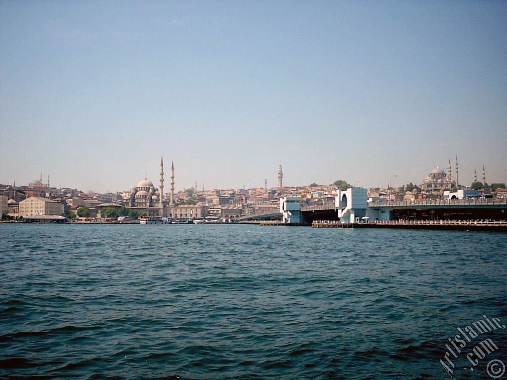 View of Eminonu coast, (from left) Sultan Ahmet Mosque (Blue Mosque), Yeni Cami (Mosque), (at far behind) Beyazit Mosque, Beyazit Tower, Galata Brigde and Suleymaniye Mosque from the shore of Karakoy in Istanbul city of Turkey.
